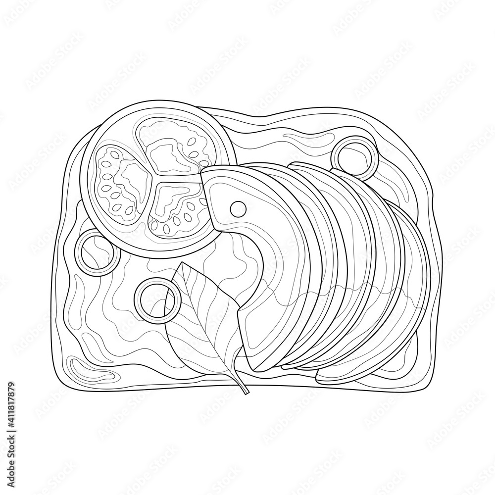 Toast with avocado and tomato.Coloring book antistress for children and adults. Illustration isolated on white background.Zen-tangle style. Black and white drawing Toast with avocado and tomato.Coloring book antistress for children and adults. Illustration isolated on white background.Zen-tangle style. Black and white drawing