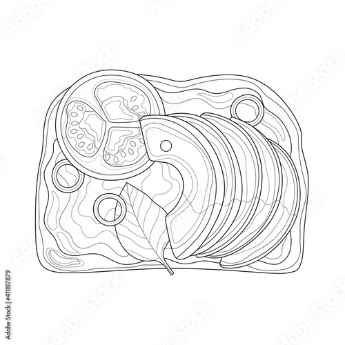 Toast with avocado and tomato.Coloring book antistress for children and adults. Illustration isolated on white background.Zen-tangle style. Black and white drawing