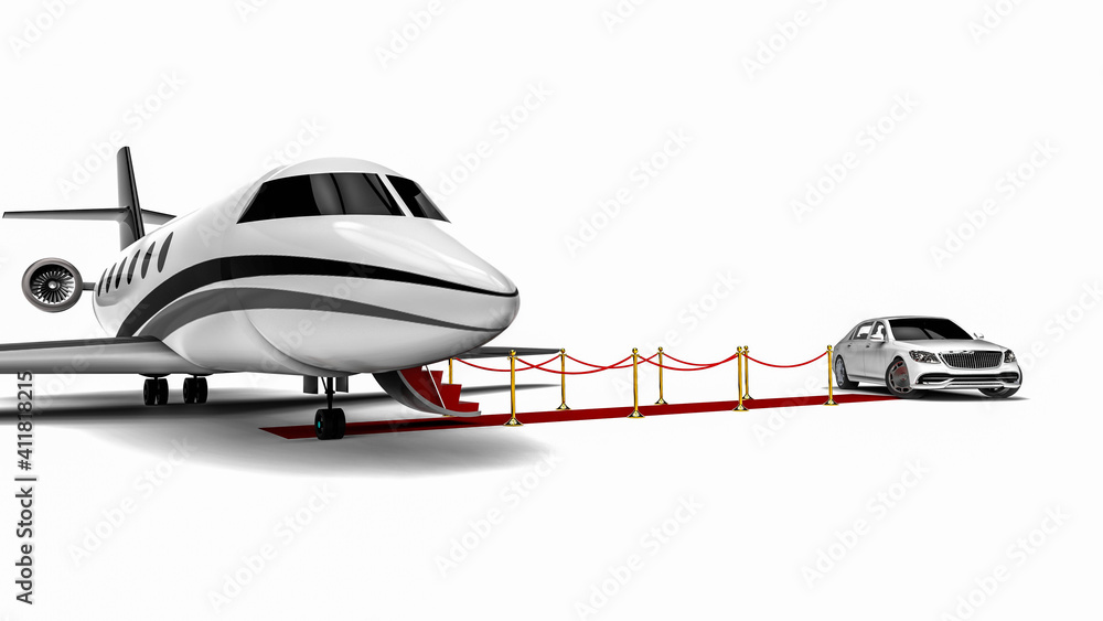 3D render image of a limousine and a private jet representing high class travel 