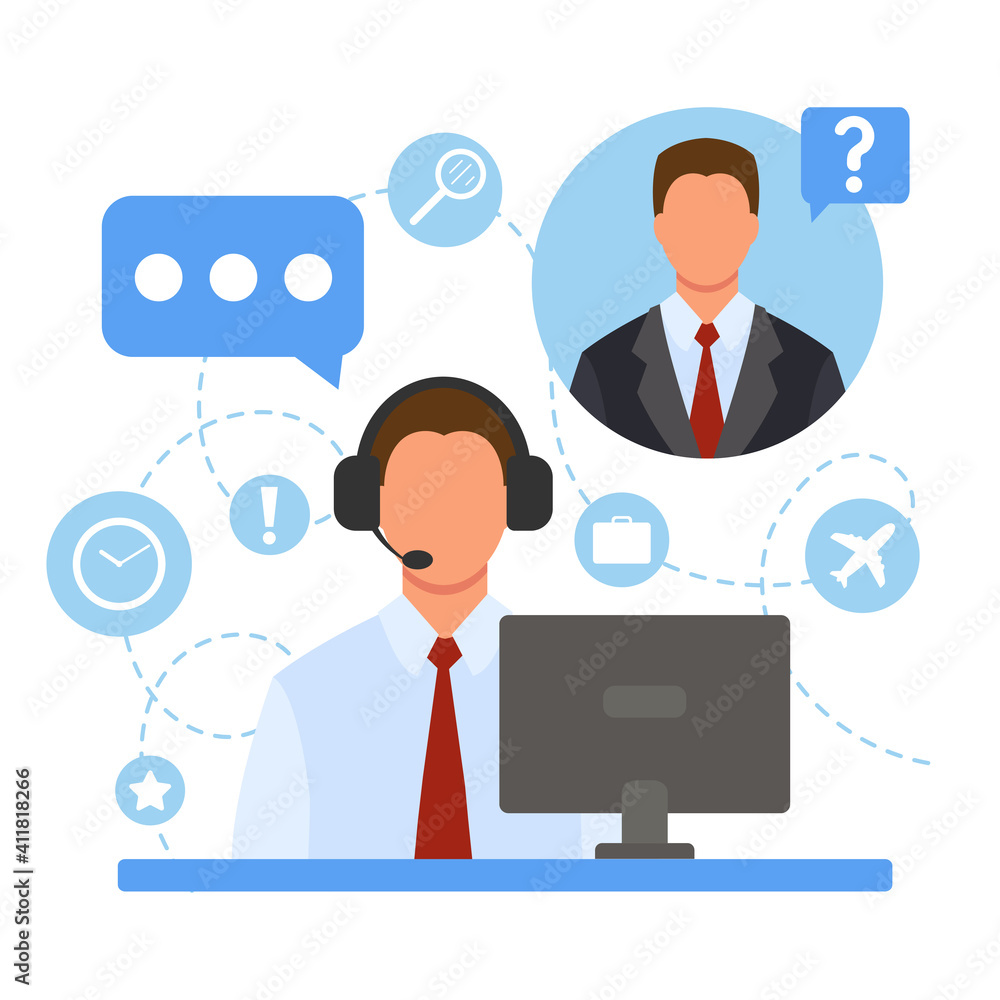 A man in headphones with a microphone at the computer. Office work. Online customer service. Helping clients. Illustration for call center, support, hotline, telemarketing. Vector in flat style. A man in headphones with a microphone at the computer. Office work. Online customer service. Helping clients. Illustration for call center, support, hotline, telemarketing. Vector in flat style.