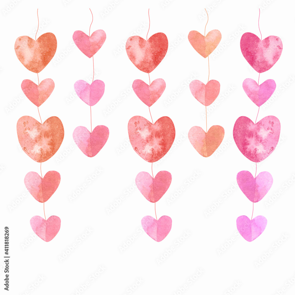 garland of pink and red watercolor hearts