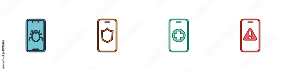 Set System bug on mobile, Mobile with shield, Phone repair service and exclamation mark icon. Vector. Set System bug on mobile, Mobile with shield, Phone repair service and exclamation mark icon. Vector.
