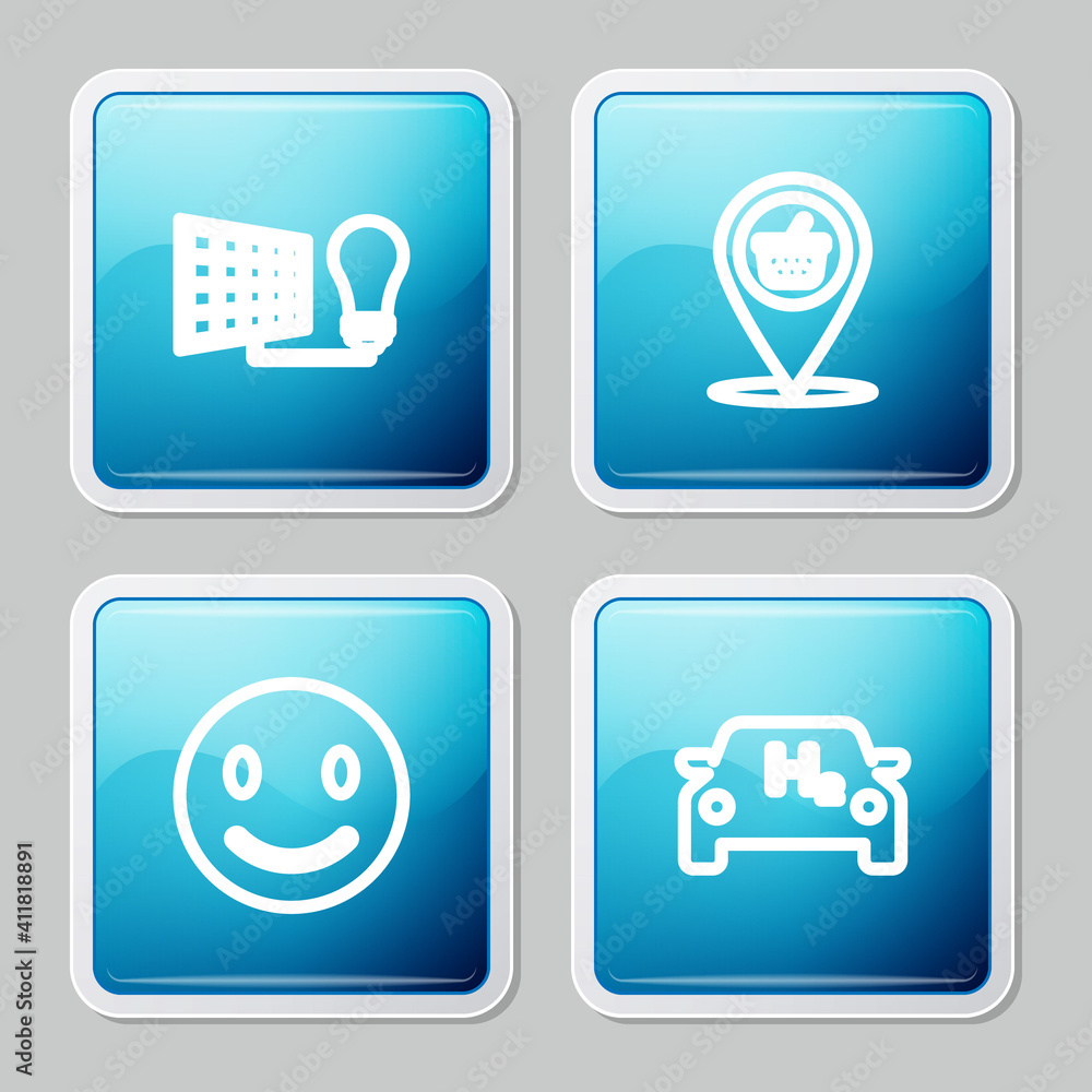 Set line Solar energy panel and light bulb, Location shopping basket, Smile face and Hydrogen car icon. Vector. Set line Solar energy panel and light bulb, Location shopping basket, Smile face and Hydrogen car icon. Vector.