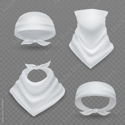 Realistic white bandana. 3d blank mockup, fabric headband, handkerchief, scarf, accessory wearing options, fashion template. Modern accessory for head and hair vector isolated set
