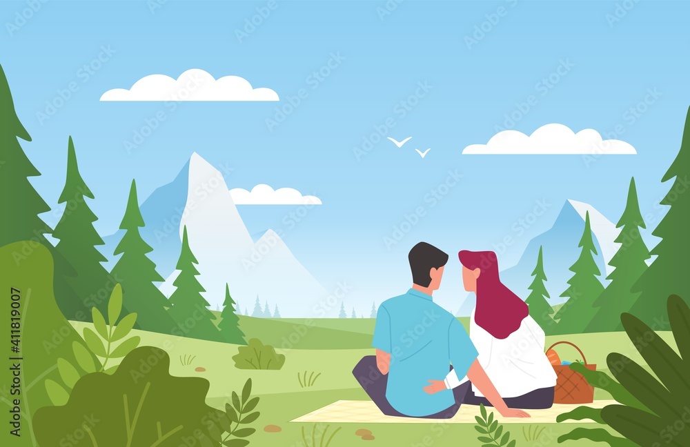 Couple in park. Happy man and woman in love on picnic, people back view romantic weekend in nature, beautiful summer landscape. Love and relationships vector flat cartoon concept Couple in park. Happy man and woman in love on picnic, people back view romantic weekend in nature, beautiful summer landscape. Love and relationships vector flat cartoon concept