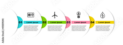Set line Address book, Wind turbine, Light bulb with wind and Water energy. Business infographic template. Vector.