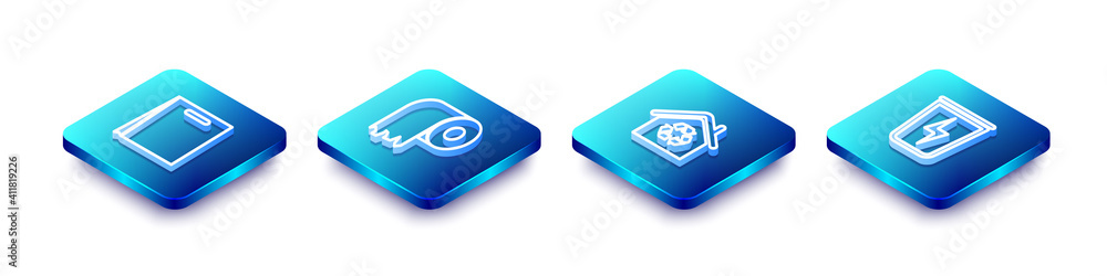 Set Isometric line Shopping bag, Toilet paper roll, Eco House with recycling and Lightning trash can icon. Vector. Set Isometric line Shopping bag, Toilet paper roll, Eco House with recycling and Lightning trash can icon. Vector.