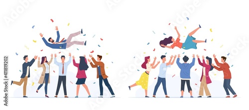 Tossing in air. People group throwing colleague, birthday celebrating, victory congratulate, business team achievements, happy characters rejoice in victory vector cartoon flat set