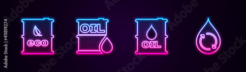 Set line Bio fuel barrel, Oil, and Recycle clean aqua. Glowing neon icon. Vector.