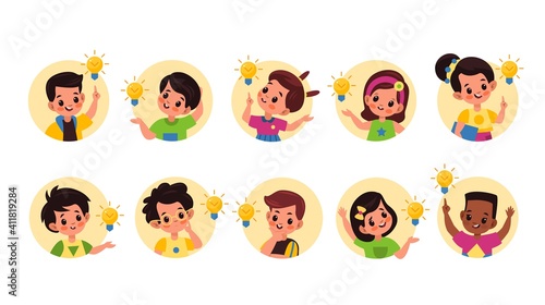 Kids idea lamp. Happy cute children in round frames with ideas and lamps sings, little pupils boys and girls founded right solution, imagination and innovation symbol vector cartoon set