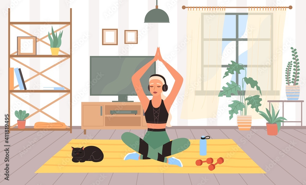Woman sports in room. Meditation in lotus position, female doing physical exercises in house gym interior, home fitness workout with sport equipment, yoga lifestyle. Vector cartoon concept Woman sports in room. Meditation in lotus position, female doing physical exercises in house gym interior, home fitness workout with sport equipment, yoga lifestyle. Vector cartoon concept