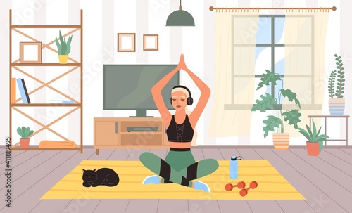 Woman sports in room. Meditation in lotus position, female doing physical exercises in house gym interior, home fitness workout with sport equipment, yoga lifestyle. Vector cartoon concept