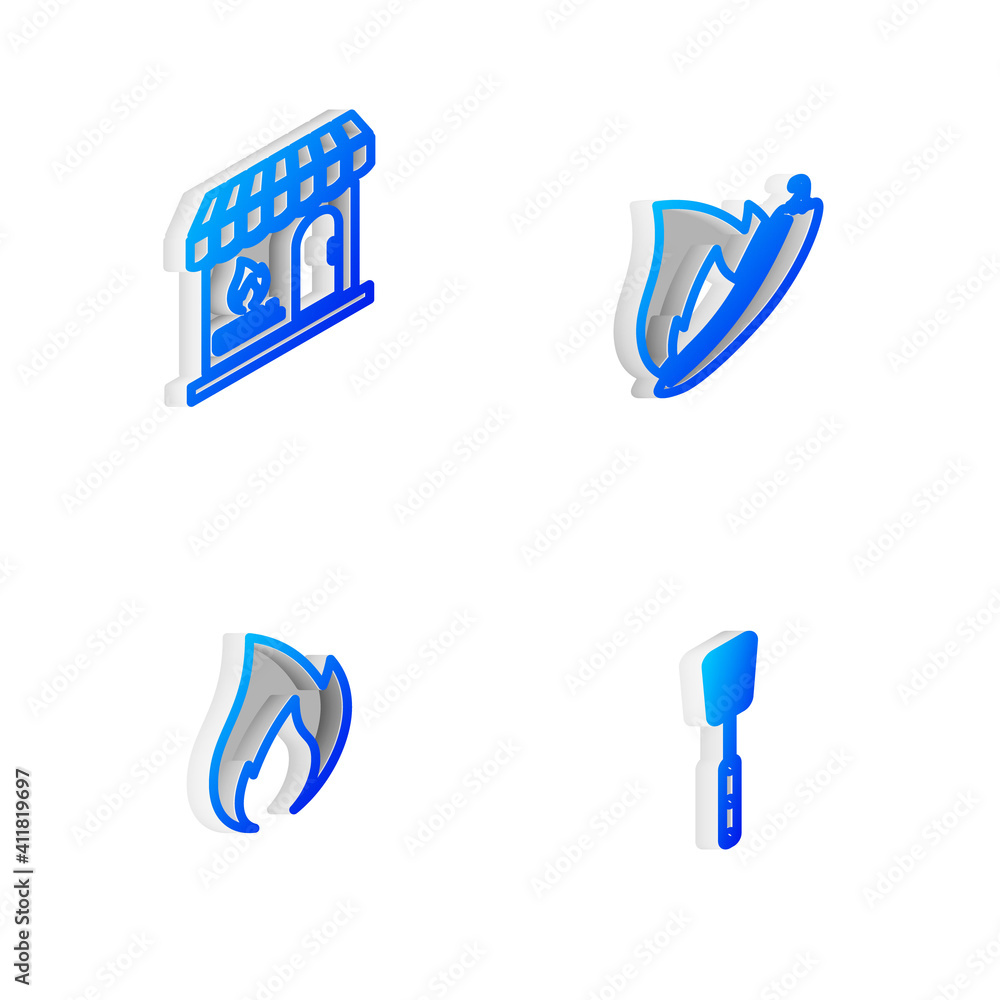 Set Isometric line Barbecue shopping building, knife, Grilled shish kebab and Hot chili pepper pod icon. Vector. Set Isometric line Barbecue shopping building, knife, Grilled shish kebab and Hot chili pepper pod icon. Vector.