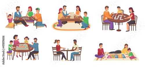 People board games. Happy families play chess and poker, domino and puzzles. Joint home activities, friendly communication, collective hobby, parents and children indoors vector set