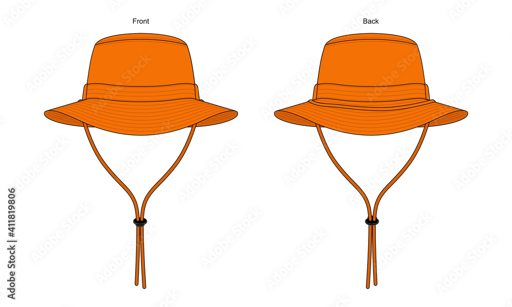 Orange Bucket Hat With Rope and Stopper Template On White Background  Vector.Front and Back View. Stock Vector