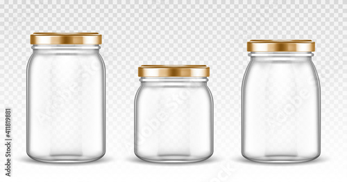 Empty glass jars different shapes with gold lids isolated on transparent background. Vector realistic mockup of empty clear bottles with screw cap for jam, canning and preserve food