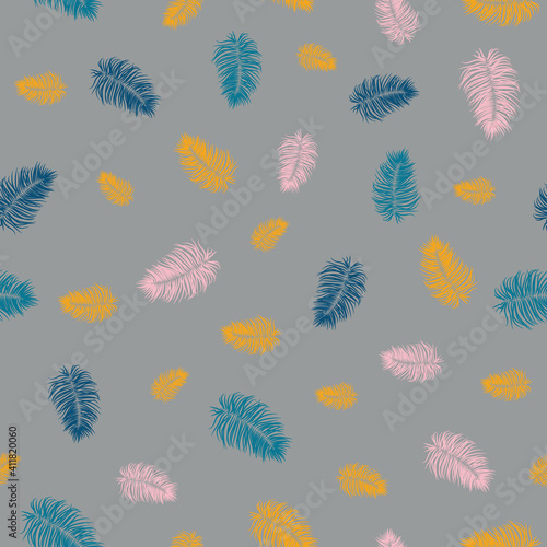 Falling fluffy feathers seamless vector pattern. Surface print design for fabrics, stationery, scrapbook paper, gift wrap, textiles, backgrounds, and packaging.