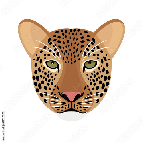 Leopard head. Cartoon front face of aggressive beast, portrait of redhead cat of wildlife, vector illustration symbol of hunting isolated on white background