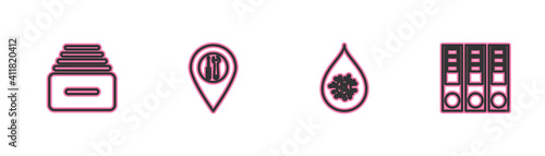 Set line Drawer with documents, Dirty water drop, Location service and Office folders icon. Vector.