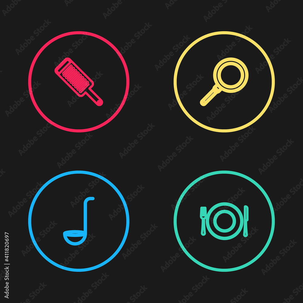 Set line Kitchen ladle, Plate, fork and knife, Frying pan and Grater icon. Vector. Set line Kitchen ladle, Plate, fork and knife, Frying pan and Grater icon. Vector.