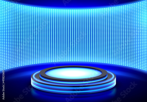 Neon podium, empty stage at LED video wall screen, pedestal for product presentation or fashion show performance, dance floor, glowing illuminated blue round scene, Realistic 3d vector illustration