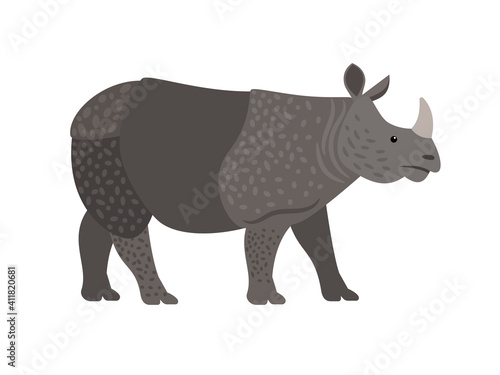 Wild rhino. Cartoon big character of zoo  dangerous animal of savannah  symbol of strength  vector illustration of rhinoceros isolated on white background
