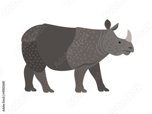 Wild rhino. Cartoon big character of zoo, dangerous animal of savannah, symbol of strength, vector illustration of rhinoceros isolated on white background