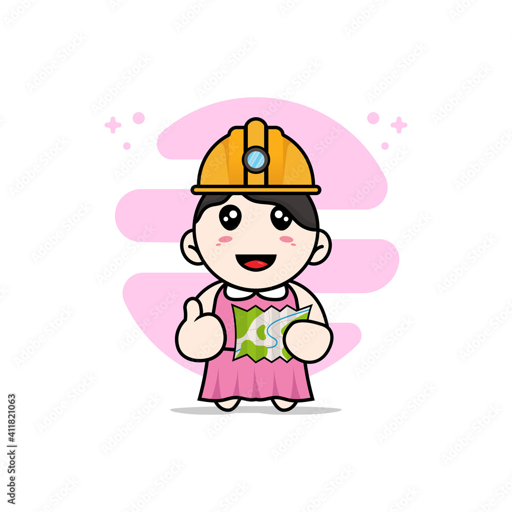 Cute girl character wearing construction worker costumes.