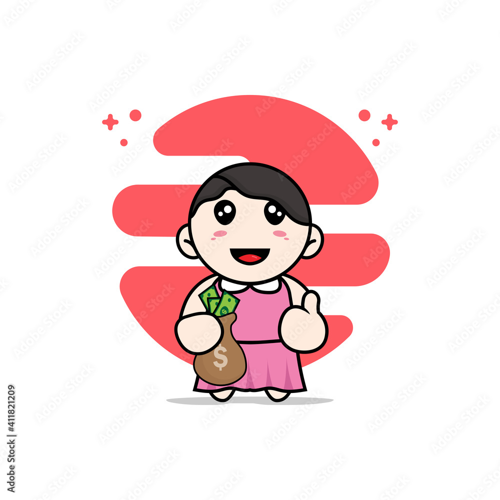 Cute girl character holding a bag of money. Cute girl character holding a bag of money.