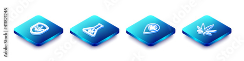 Set Isometric line Shield and marijuana, Test tube with, Location and Marijuana or cannabis leaf icon. Vector.