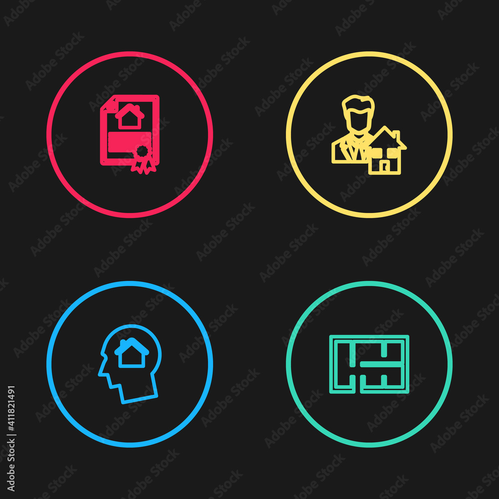 Set line Man dreaming about buying house, House plan, Realtor and contract icon. Vector. Set line Man dreaming about buying house, House plan, Realtor and contract icon. Vector.