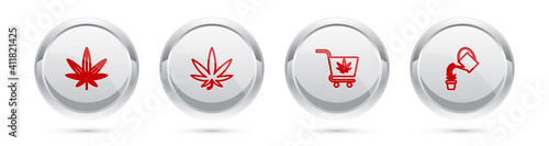 Set line Marijuana or cannabis leaf, , Shopping cart with marijuana and Watering. Silver circle button. Vector.
