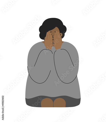 Vector flat illustration. African American woman closes her face by hands. Lady is crying. She has problem to keep mental health and bad feeling after grief. Emotional stress and melancholia.