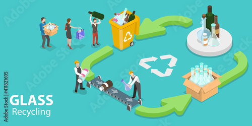 3D Isometric Flat Vector Conceptual Illustration of Glass Recycle Process Infographic, Lifecycle of a Glass Product.