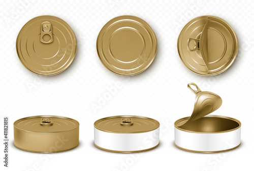 Gold tin cans, fish or pet food mockup with pull ring top and front view. Closed and open empty yellow canned round open key metal jars, isolated aluminium preserve canisters, Realistic 3d vector set