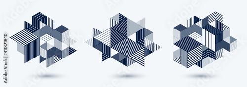 Abstract polygonal backgrounds with stripy triangles and 3D cubes vector designs set. Templates for different advertising or covers or banners. Retro style graphic elements.