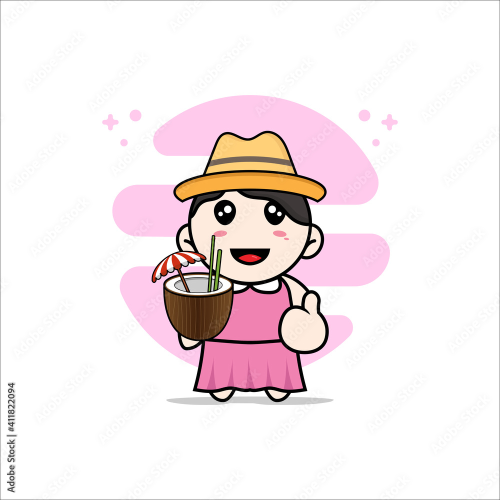 Cute girl character holding a coconut ice. Cute girl character holding a coconut ice.
