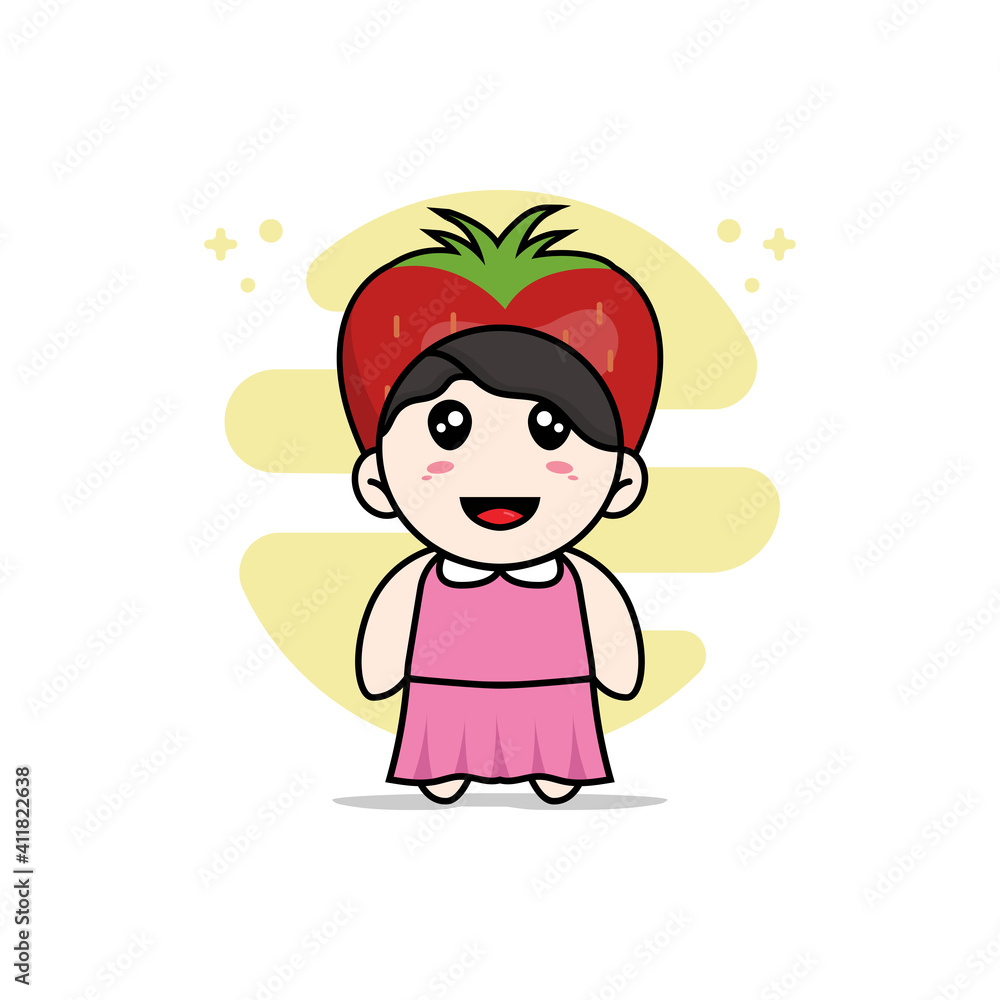 Cute girl character wearing strawberry costume.
