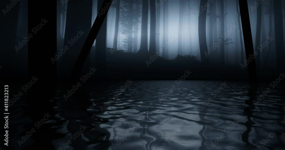 forest reflection on lake surface, fantasy landscape endless loop