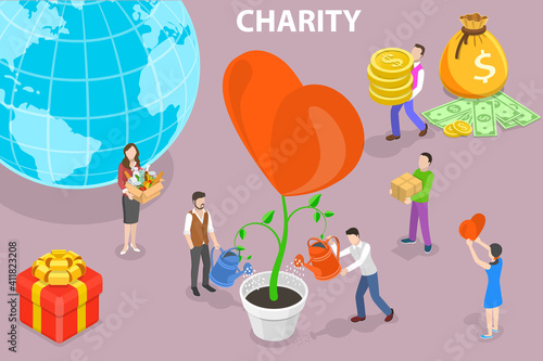 3D Isometric Flat Vector Conceptual Illustration of Charity Help Campaign, Assistance and Volunteering.