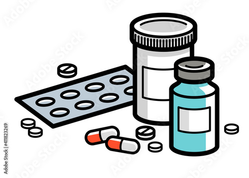 Medicine pharmacy theme medical bottles 3d vector illustration isolated, medicaments and drugs, health care meds cartoon, vitamins or antibiotics, simple linear design.