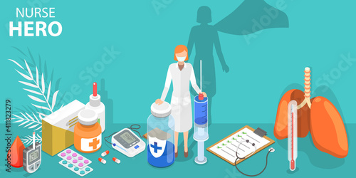 3D Isometric Flat Vector Conceptual Illustration of Nurse Hero, Medics Fighting Against COVID-19.