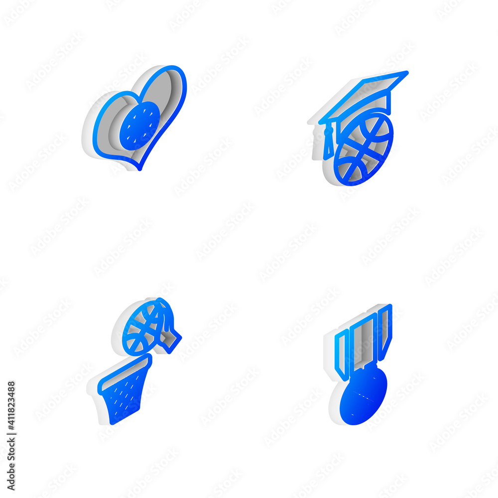 Set Isometric line Basketball training, Heart with basketball, and and medal icon. Vector. Set Isometric line Basketball training, Heart with basketball, and and medal icon. Vector.