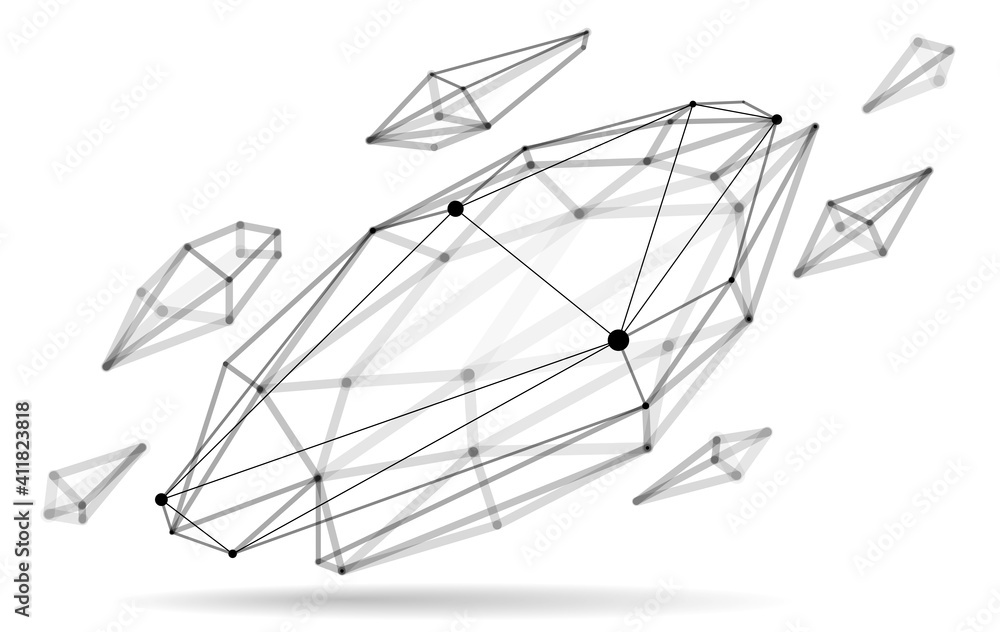 Abstract 3D mesh shape vector illustration, dots connected with lines technology polygonal object isolated on white background, dynamic lattice with realistic depth of field effect. Abstract 3D mesh shape vector illustration, dots connected with lines technology polygonal object isolated on white background, dynamic lattice with realistic depth of field effect.