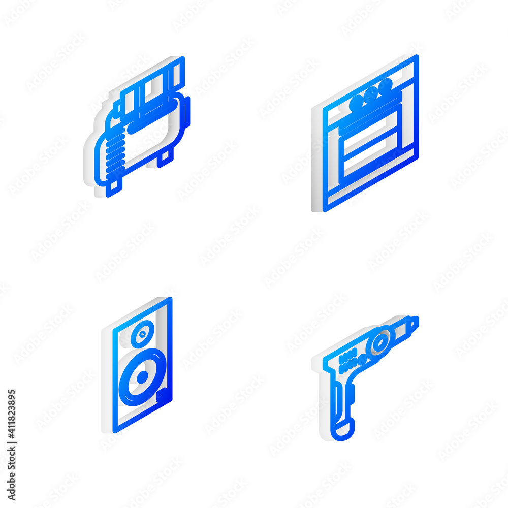 Set Isometric line Oven, Air compressor, Stereo speaker and Electric drill machine icon. Vector. Set Isometric line Oven, Air compressor, Stereo speaker and Electric drill machine icon. Vector.