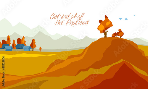 Beautiful scenic nature landscape vector illustration autumn season with grasslands meadows hills and mountains  fall hiking traveling trip to the countryside concept.