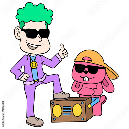 the man and his pet rabbit are in the style of todaymusic rappers, doodle icon image kawaii