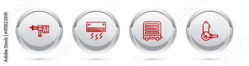 Set line Rotary hammer drill machine, Air conditioner, Electric heater and Angle grinder. Silver circle button. Vector.