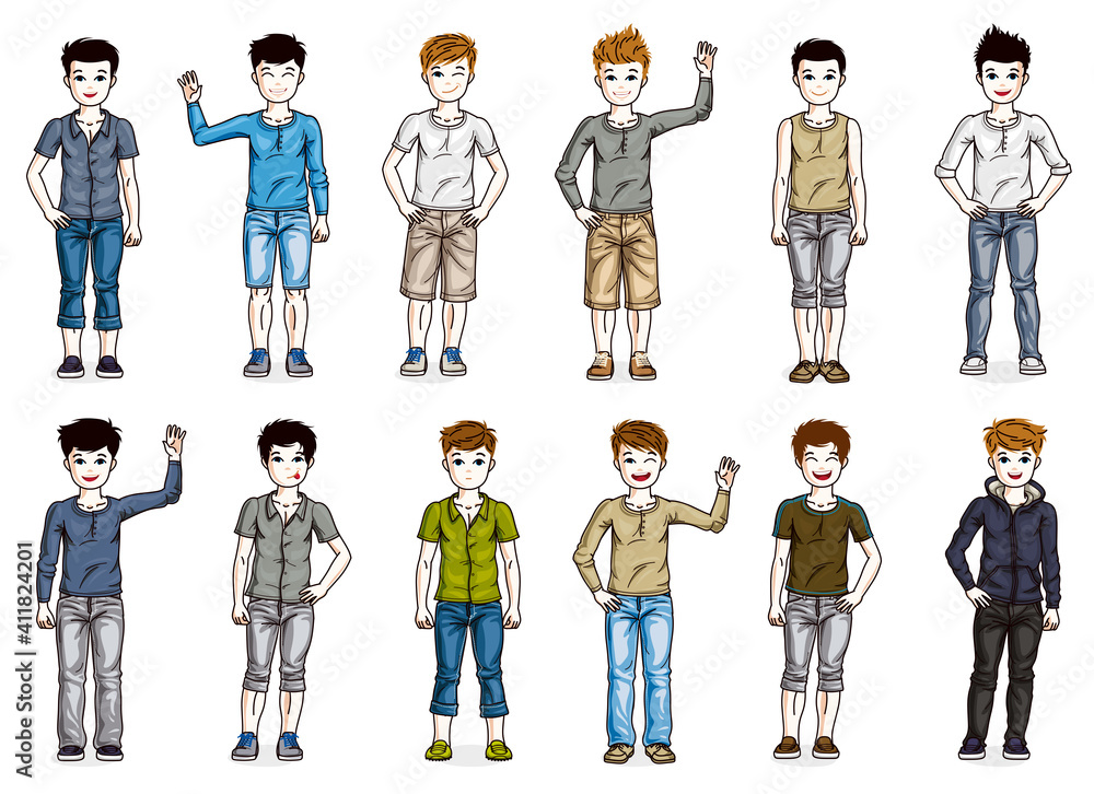 Cute little child boys early teenagers in different casual wear standing in full length and posing vector illustrations isolated big set, happy beautiful kids drawings collection, people diversity. Cute little child boys early teenagers in different casual wear standing in full length and posing vector illustrations isolated big set, happy beautiful kids drawings collection, people diversity.