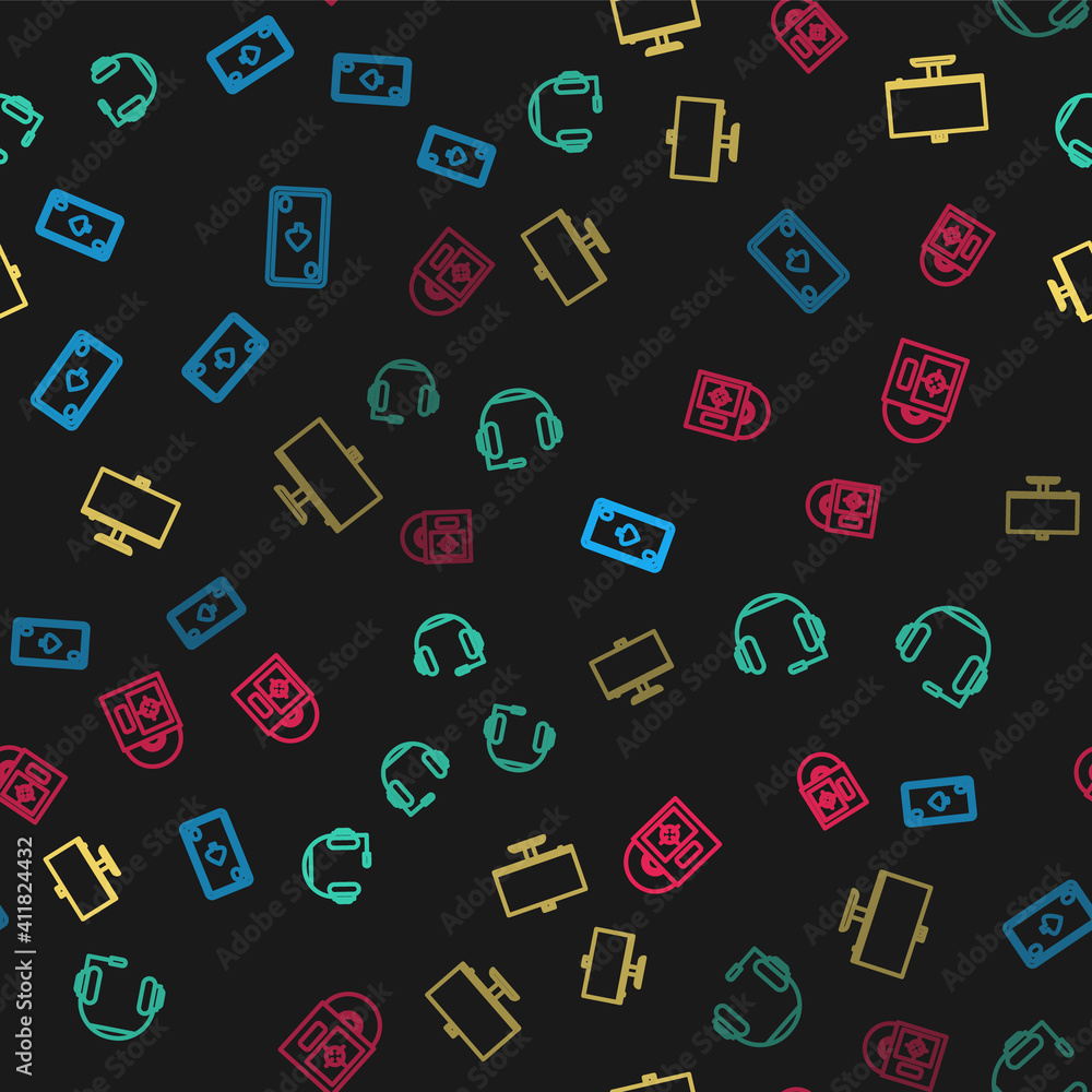 Set line Playing card with diamonds, Headphones, Computer monitor and CD DVD disk box on seamless pattern. Vector. Set line Playing card with diamonds, Headphones, Computer monitor and CD DVD disk box on seamless pattern. Vector.